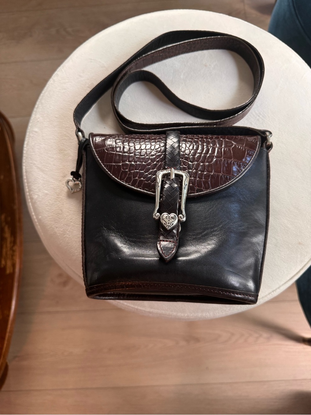 Brighton Black and Dark Brown Leather Messenger Bag with Croc-Embossed Flap